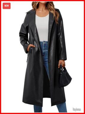 Faux Leather Knee Length Trench Coat with Belt